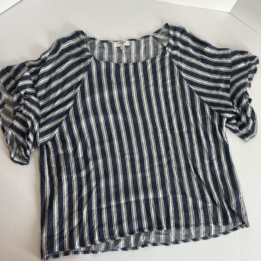 Umgee Women's Blouse Top, Stripped Navy Blue And White, Size Large